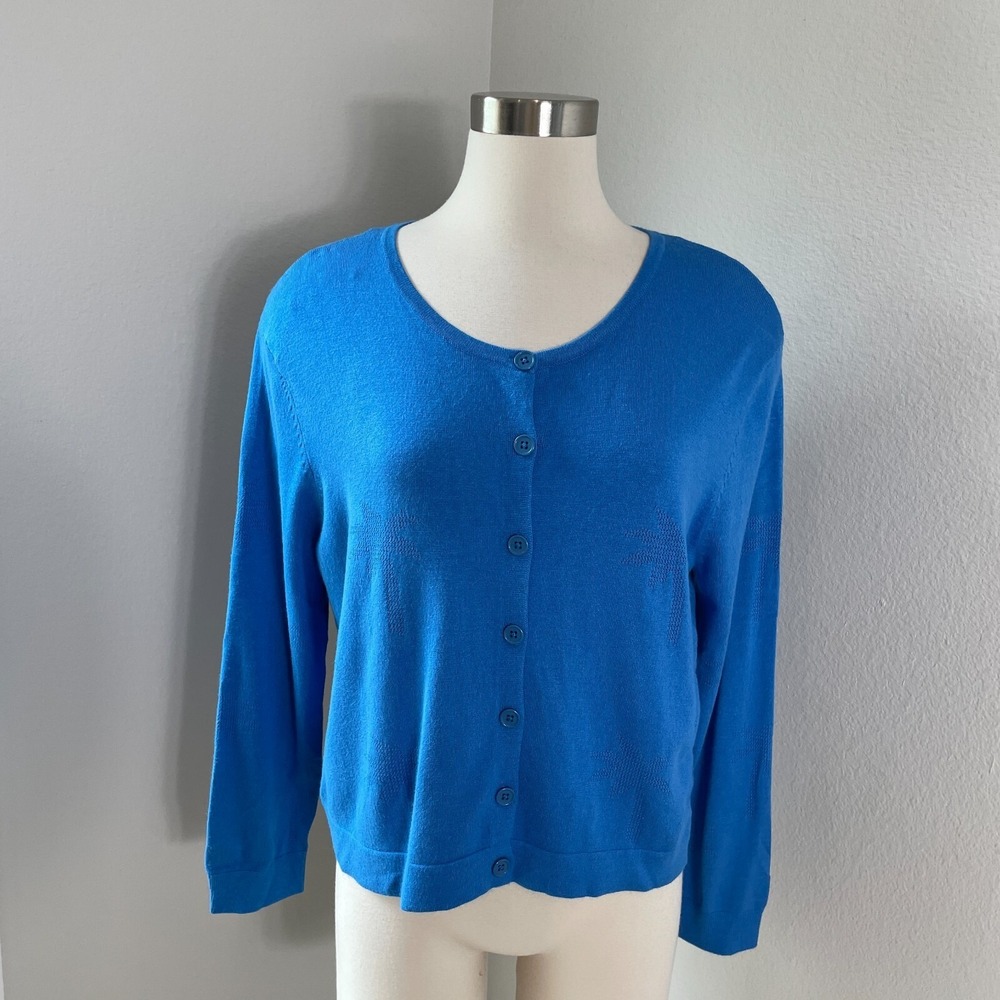 Modcloth Emily and Fin Womens Large Blue‎ Button Up Cardigan Sweater Palm Tree